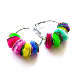 glitter fluff hoop earrings . rainbow . small silver