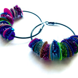 glitter fluff hoop earrings. blue rainbow . large black