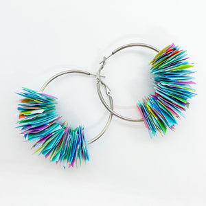 confetti earrings . medium . silver . sky blue rainbow